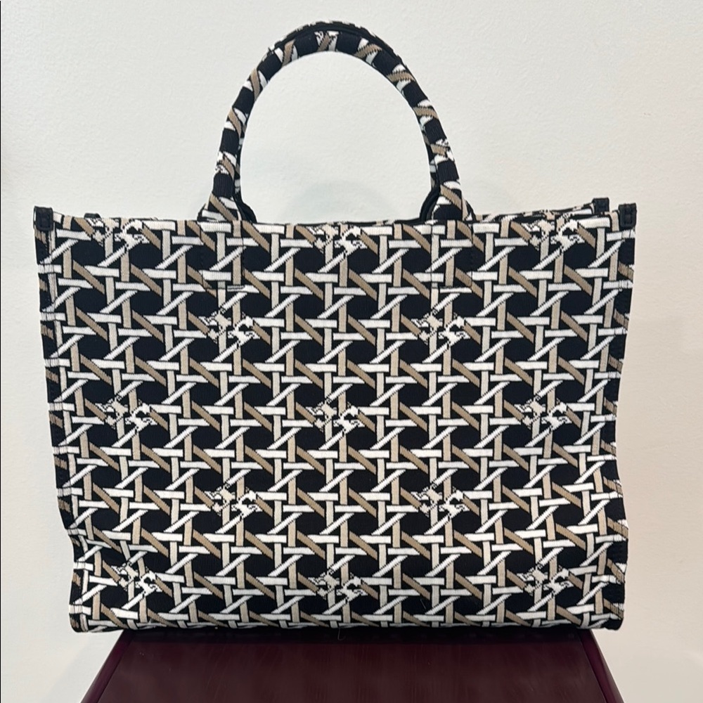 Tory Burch Black and White Ella circular knit tote